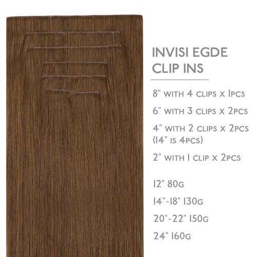Image of WENNALIFE Invisi Edge Clip in Hair Extensions Real Human Hair, 22 Inch 150g 7pcs Light Auburn Brown Seamless Clip in Extensions Remy Hair Clip Ins Invisible PU Skin Weft Straight Extensiones De Cabell