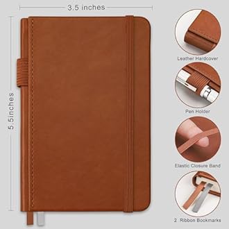 RETTACY Pocket Journal Notebook, 2-Pack, 160 Numbered Lined Pages per Pack, A6 Mini Small Size (3.5" × 5.5"), for Work, Journaling, Leather Hardcover, 100 GSM Thick Paper (Black & Brown)