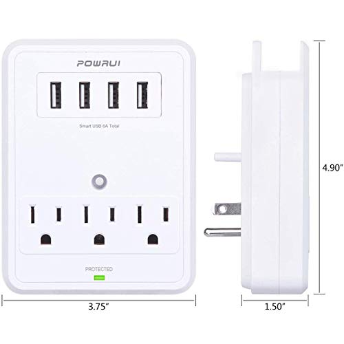 USB Wall Charger, Surge Protector, POWRUI 3 Outlet Wall Mount Adapter with 4 USB Ports Charging Station (30W) Compatible iPhone Xs/XS Max/XR/X/8/7/6/Plus, Pro/Air 2/Mini 3/Mini 4, Samsung S4/S5, 6A - Thumbnail 7