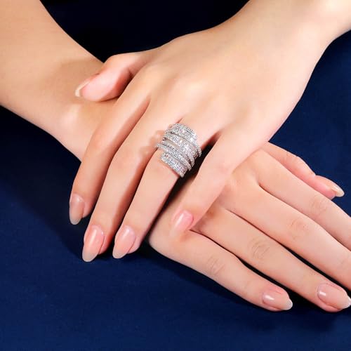 MDFUN 4 Rows Emerald Cut Cubic Zirconia Rings 18K White Gold/Yellow Gold Plated Statement Halo Eternity Wedding Ring Baguette Band for Women Size 5-103