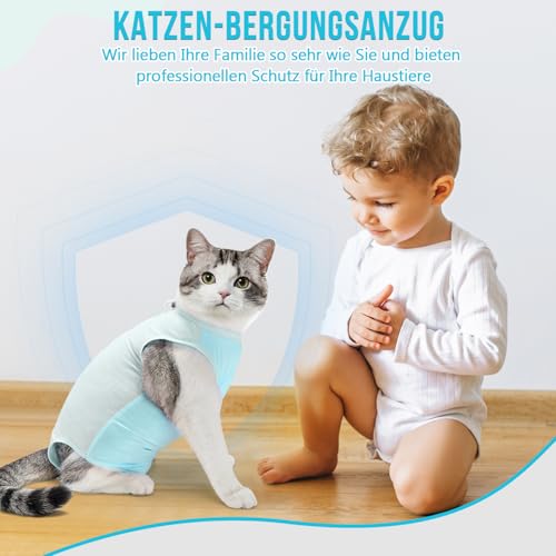 Eyein Katzenbody nach OP, Atmungsaktiver bequemer Erholungsanzug Anti-leckende Katzen-Operationsanzug mit Mesh Design für Katze Body Operation - Katzen Kätzchen E-Halsband Alternative (Hellblau, S)