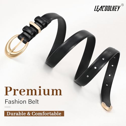 LEACOOLKEY Women Leather Belt for Jeans Pants Fashion Ladies Skinny Faux Leather Dress Belt with Gold Buckle2