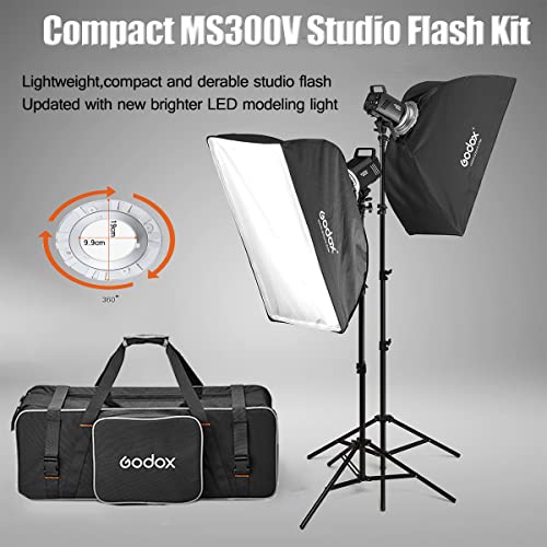 Godox 2pcs MS300V 600W Studio Strobe Flash Light Kit,2.4G Bowens Mount Lighting Flash GN58 5800K with AT-16 Trigger,Light Stands,Softboxes,Umbrella,Reflector,Carry Bag for Portrait Product Photography