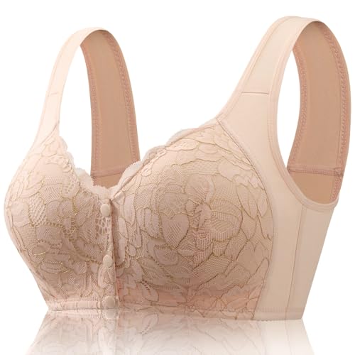 Image of No Underwire Lace Bras for Women Sponge Cup Front Closure Bra for Seniors Plus Size Full Coverage Bra No Wire Bras
