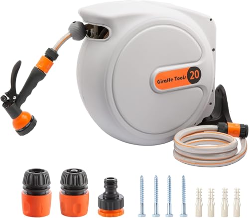 Giraffe Tools Automatic Hose Reel, 20 m + 2 m, Wall-Mountable Hose Reel, 180° Swivelling with 7 Patterns Multi Shower and White Connection Hose Giraffe Tools Automatic Hose Reel, 20 m + 2 m, Wall-Mountable Hose Reel, 180° Swivelling with 7 Patterns Multi Shower and White Connection Hose