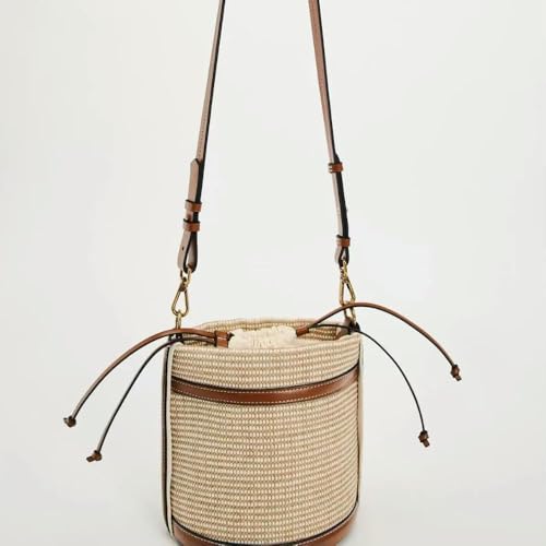 Women's Fashion Woven Bucket Bag Panelled Handbag Shoulder Bag Casual Summer Bag Small Beach Handbag4