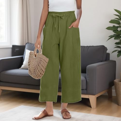 Womens Linen Pants Wide Leg Drawstring Waist Trousers Summer Causal Lightweight Flowy Pants with Pockets - Main Image