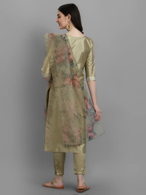 Image of VredeVogel Women's Silk Blend Embroidered Straight Kurta Pant Set with Organza Dupatta