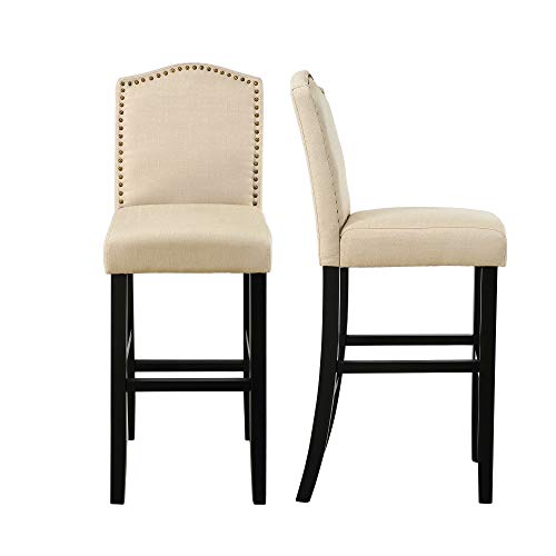 LSSBOUGHT Bar Stools Set of 2, 29 Inch Upholstered Fabric Barstool with Back Solid Wood Legs Nail Head, Bar Chairs for Home Kitchen Island Dinning Room, Beige