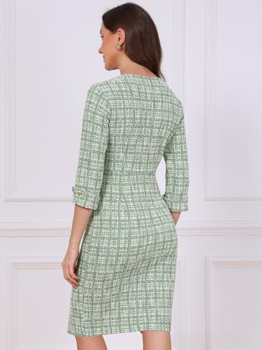 Image of Allegra K Tweed Dress for Women's Boat Neck 3 /4 Sleeve Elegant Work Pencil Sheath Dress
