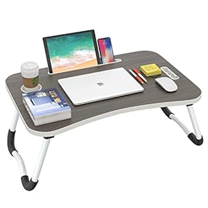 BUYIFY Folding Lap Desk, 23 Inch Portable Wood Black Laptop Bed Desk Lap Desk with Cup Holder, for Working Reading Writing, Eating, Watching Movies for Bed Sofa Couch Floor