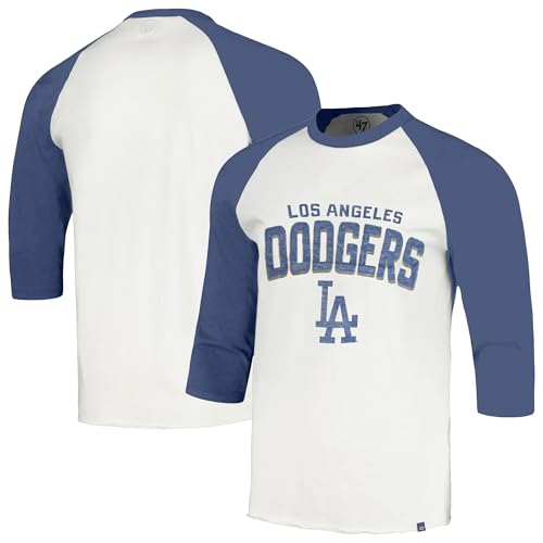 47 Brand MLB Men's Crescent Franklin Raglan Cream Arched Wordmark Primary Logo Baseball 3/4-Sleeve T-Shirt - Los Angeles Dodgers - Cream - X-Large