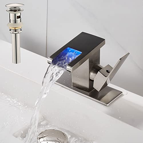 Skybathjoy Led Bathroom Sink Faucet Waterfall With Drian Assembly 1 Hole Brushed Nickel Single Hole Handle Rv Bath Vanity Faucets For Sinks 1 Hole Water Supply Lines, Stainless Steel Spout #TOP1