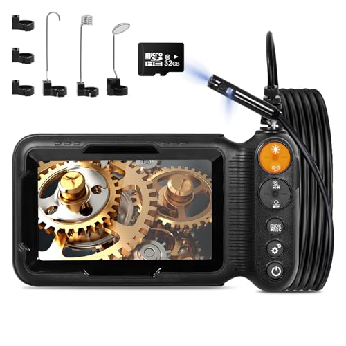 Cámara de boroscopio industrial de doble lente con pantalla IPS de 5 pulgadas, tarjeta de memoria de 32 GB, grabación de fotos/video habilitada, cable semirrígido de 5 m con 8+1 LED ajustables, IP67