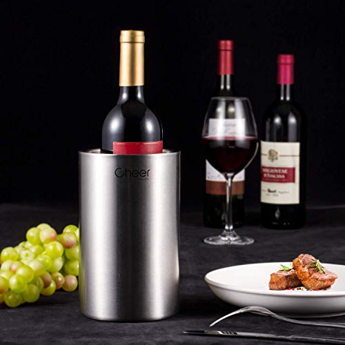 CHEER Wine Chiller Bucket, Stainless Steel Double Walled Iceless Wine Bottle Chiller, Keeps Wine and Champagne Cold Tabletop Stemless Holder 7717-W201-01