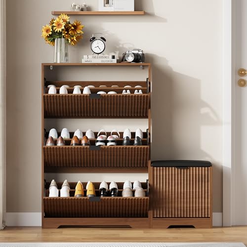 Image of HUANLEGO Shoe Cabinet Storage for Entryway with 4 Flip Drawers, Walnut Fluted Shoe Cabinet with Bench, Wooden Hidden Shoe Rack Freestanding Narrow Slim Shoes Storage Organizer for Hallway, Entrance