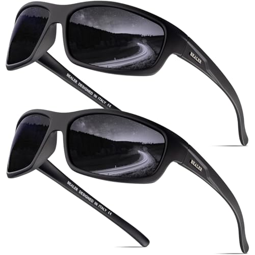 BEALER Gafas de sol deportivas polarizadas para hombres ligeras TR90 marco gafas de sol conducción ciclismo pesca UV protección sombras, Z01 Negro mate/Gris *2