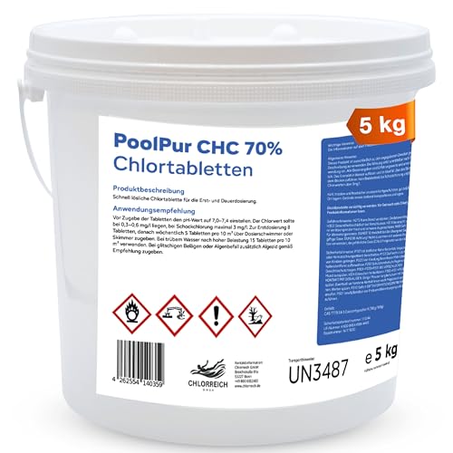 PoolPur CHC 70% Chlortabletten Schnell lösliche Chlor Tabletten für Pool & Whirlpool Erst- & Dauerdosierung gegen trübes Poolwasser 5 kg