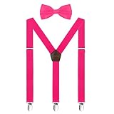 FETARCH Hosenträger mit Fliege Set, 2.5cm Breit Y- Back Elastisch und Verstellbar Hosenträger für Herren und Damen,3 Starken Clips Hot Pink