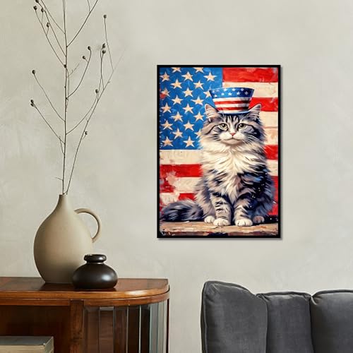 Image of 4th of July DIY 5D Diamond Painting Kits for Adults, American Flag Cat Diamond Art Kits for Adults, Full Round Drill Diamond Painting Independence Day Home Wall Decor 12x16 Inch