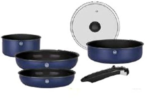 Sitram 716978 Cookware Set Recycled Aluminium Blue 6 Pieces: 1 Removable Handle, 1 Saucepan Diameter 18 cm, 2 Frying Pans Diameter 22.26 cm, 1 Sauté Pan Diameter 24 cm, 1 Lid – Suitable for All Heat