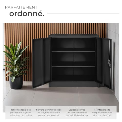 Armoire bureau métal verrouillable noir 90x40x90 TecTake