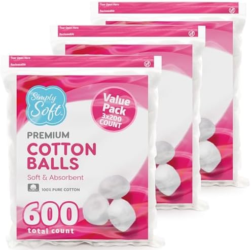 Simply Soft Premium Cotton Balls (600 Count), 100% Pure Cotton, L...