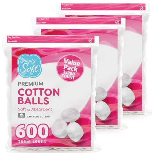 Simply Soft Premium Cotton Balls, 100% Pure Cotton, Absorbent, 200 Count (Pack of 3)