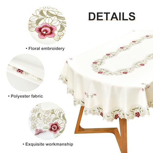 Wolkemer Jacquard Floral Oval Tablecloth Little Rose Embroidered Lace Beige Table Cover for Home Dining Kitchen Decor 60 x 84 inch