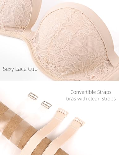 Image of Upushall Push Up Strapless Bra with Clear Straps Covertible Plunge Lace Padded Add 2 Cups Low Cut Underwire Bras for Women
