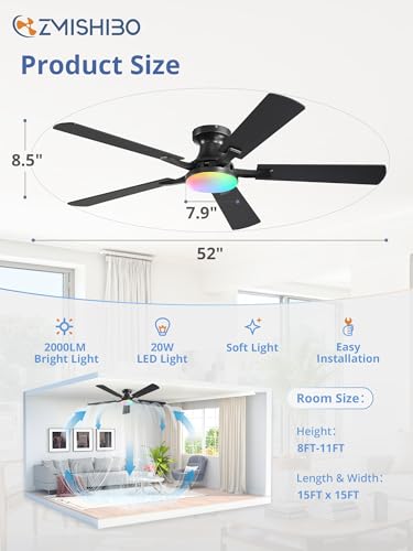 Image of ZMISHIBO 52 Inch RGB Ceiling Fan with Light, App&Remote Control, Flush Mount Low Profile, Dimmable 20W LED Light, Quiet Reversible Motor for Bedroom, Living Room, Apartment, Black
