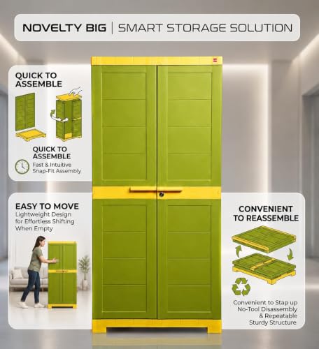 Image of Cello Novelty Big Bookshelf, Green & Yellow | 2 Dustproof Doors | Space Saving Cupboard | Plastic Book Shelf | Multipurpose Book Shelf for Home, Office | Book Organizer for Library