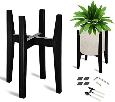 OERGKE Plant Stand indoor, Bamboo Mid Century Modern Plant Stand, Plant Stands Adjustable , Corner Flower Holder for Living Room, Fits 8 to 12 Inches Pots, (Pot & Plant Not Included)(black, 1 Pack)