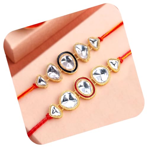 Image of Peora Rakhshabandhan Thread Rakhi for Brother Bhaiya | Kundan Beads & Crystal Studded | Combo Set of 2 | Rakhi Hamper Roli Chawal & Greeting Card