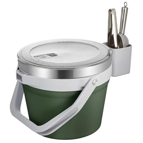 COKTIK 7L Vacuum Insulated Ice Bucket with Lid and Scoop& Tongs，Large capacity Stainless Steel Beverage Bucket for Cocktail, Champagne, Wine, Beer，Large Parties（Army Green Suit）