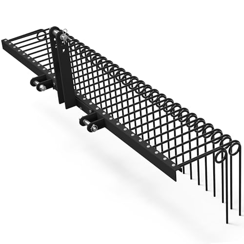 YITAMOTOR 72 Inch Durable Powder Coated Steel Pine Straw Rake Steel Spring Landscape Rake Attaches to Cat 0 Cat 1，3 Point Hitch for Tractor, Black Grey