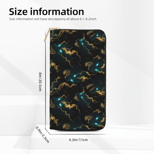 Leather Thin Slim Wallets for Women Men - Fashion Golden Green Lightning Wolf Print Card Wallet Holder with Zipper2