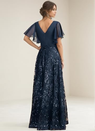 V Neck Mother of The Bride Dresses for Women Sequin Laces Evening Formal Dress with Sleeve3
