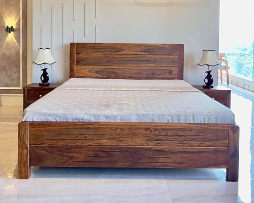 Image of Sheesham Wood Bed Without Storage, Solid Wood in Natural Finish, Modern Design | King Size - Mattress Size (78 inchx72 inch) | Bedroom Furniture | Without Mattress & Side Tables | Low Highted