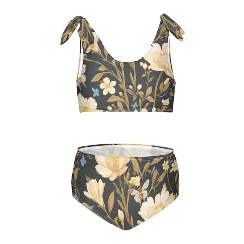 KLL Embroidery Bee Butterfly Flowers Girls' Two Piece Bikini Sets Quick-Dry Swimsuit Swimming Suits Adjustable Shoulder