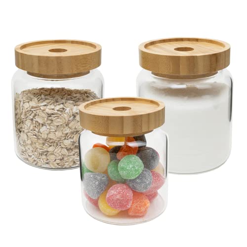 Set of 3 Airtight Glass Jars with Bamboo Lids - Decorative & Durable 16-Oz Borosilicate Glass Canisters Hold Coffee Beans, Tea, Flour, Sugar, Nuts, Candy, Bath Salts & More Set of 3 Airtight Glass Jars with Bamboo Lids - Decorative & Durable 16-Oz Borosilicate Glass Canisters Hold Coffee Beans, Tea, Flour, Sugar, Nuts, Candy, Bath Salts & More