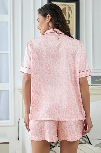 Image of YiNi LuLu Womens Silk Satin Shorts Pajamas Set Button Down 2 Piece Pjs Short Sleeve Oversized Sleepwear with Pockets