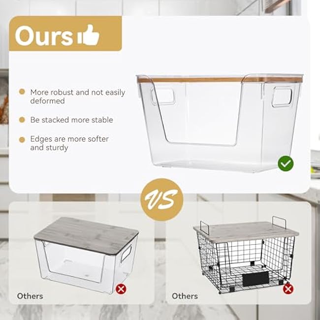 2 set Pantry Organizers and Storage,Stackable Onion Storage Potato Storage,Kitchen Laundry Organizers with Bamboo Top for Vegetable,Fruits, Snacks,Produce Clear