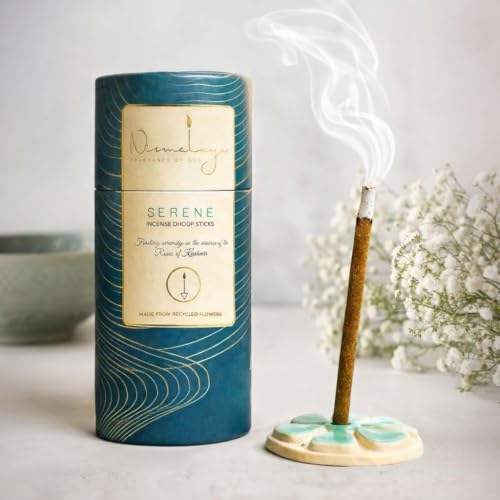 Image of Nirmalaya Premium Serene & Bakhoor Bambooless Dhoop Sticks (80 Sticks) with Ceramic Stand Sacred Temple Flower | 100% Charcoal-Free | for Pooja, Meditation, Yoga & Home Fragrance
