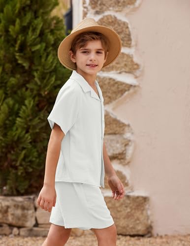 Image of Arshiner Boys 2 Pieces Summer Beach Outfits Short Sleeve Button Down Shirts and Shorts Vacation Texture Sets for Kids