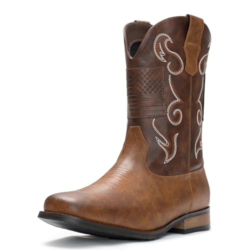 IUV Cowboy Boots For Men Western Boot Classic American Flag Embroidered Square Toe Mid-Calf Boots