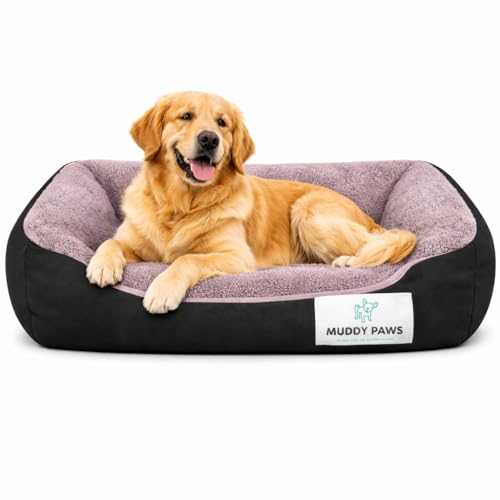 Image of MUDDY PAWS Reversible Sofa Style Dog Bed - XL (76 x 61 x 22 cm) - Plush Fur Surface, Removable Cushion & Anti-Skid Base - Black & Brown