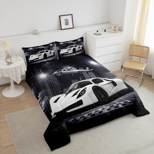 Image of Feelyou Race car Airplane Comforter Set Black Grey White Speed Sports Car Bedding Set for Kids Teens Racing Car Comforter Extreme Sports Duvet Set Decor Quilt 3Pcs King Size Boys
