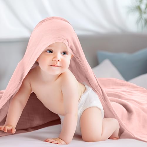 Image of Preboun 6 Pcs Muslin Hooded Baby Towels and Washcloths 32 inchx 32 inch Cotton Newborn Bath Towel Anti-Shrink Infant Baby Blankets with Hood 12 inchx 12 inch Washcloths for Girl Boy Toddler(Ivory,Pink)