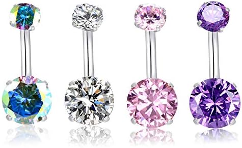 HQLA 14G Belly Button Rings Surgical Stainless Steel Round Cubic Zirconia Navel Barbell Stud Body Piercing (4Pcs(Clear+Pink+Purple+AB Color))